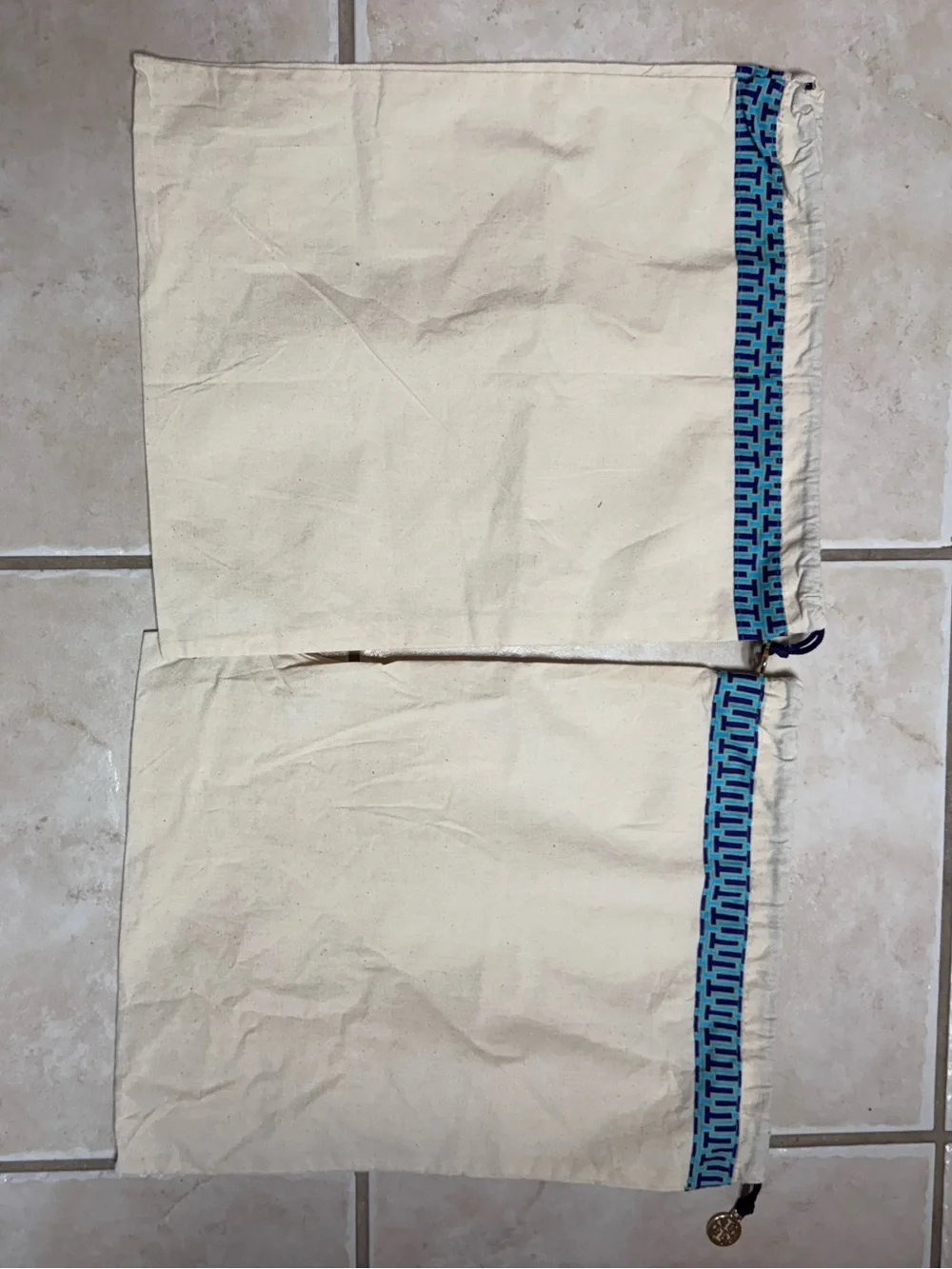Tory Burch Cream Drawstring Bottoms with Blue Trim